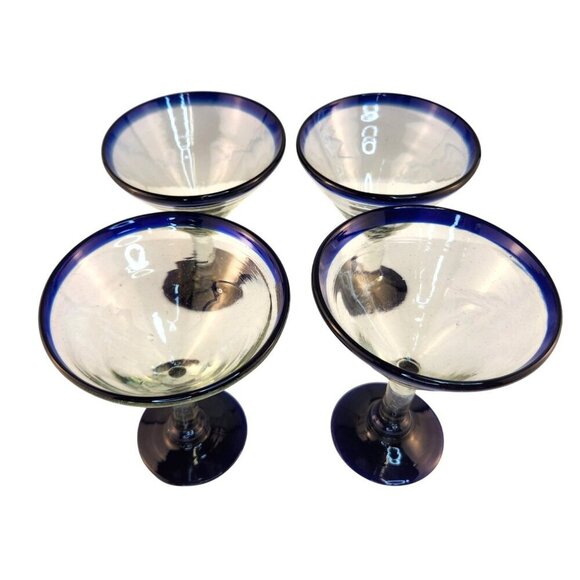Retro MEXICO Hand Blown Cobalt Rim & Foot 12oz Stemmed MARTINI GLASSES Set of 4 - Picture 9 of 10